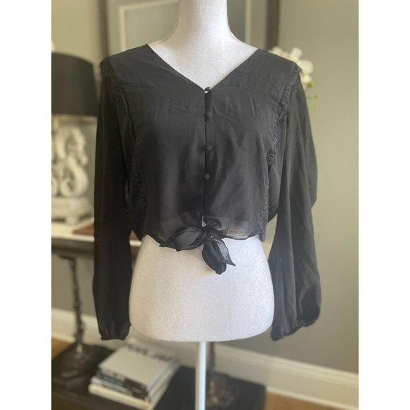 WAYF Lace Trim Knotted Long Sleeve Blouse Black Women's Size M - Picture 4 of 11